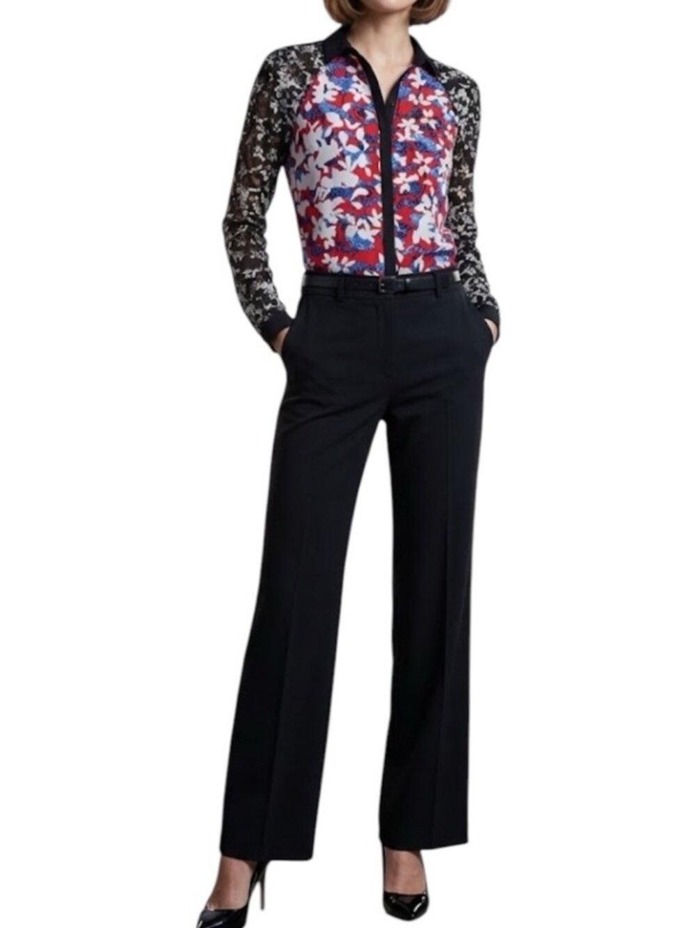 Peter Pilotto For Target Floral Colorblock Lace Sleeve Cottage Blouse Size XS